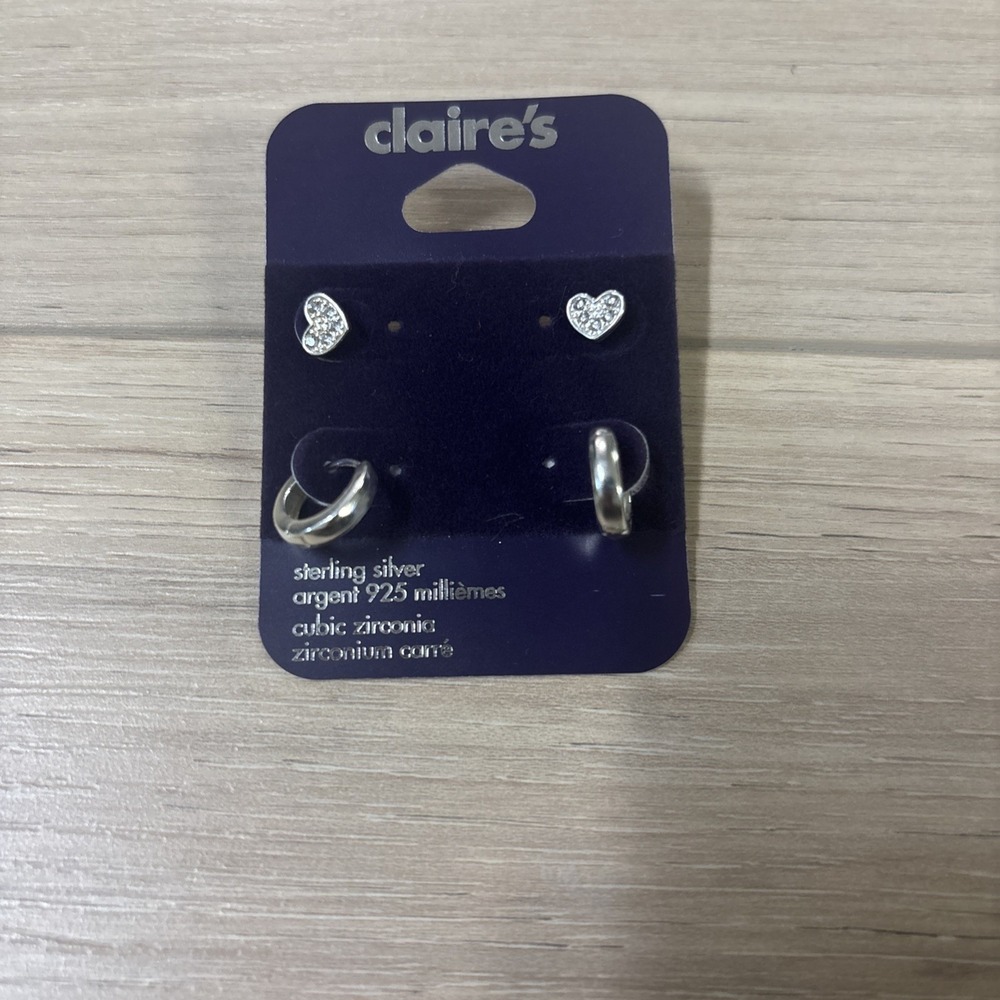 NWT Claire's Sterling Silver and Cubic Zirconia Earrings Set of 2